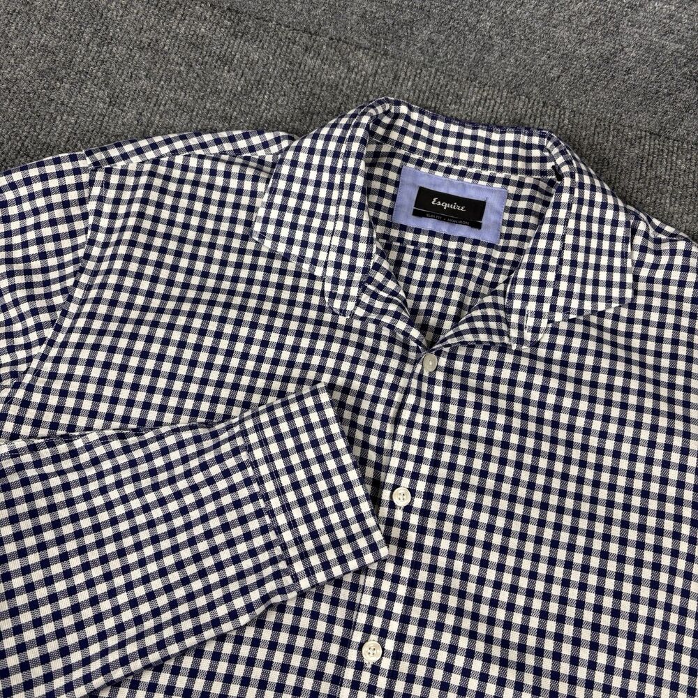 Esquire Dress Shirt Mens 17 36/37 Tall Slim Fit Navy Blue Gingham Non-Iron LS